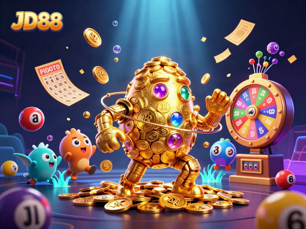 JD88 gamblers engaging with a vibrant lottery scene featuring 3D golden golem and colorful game elements
