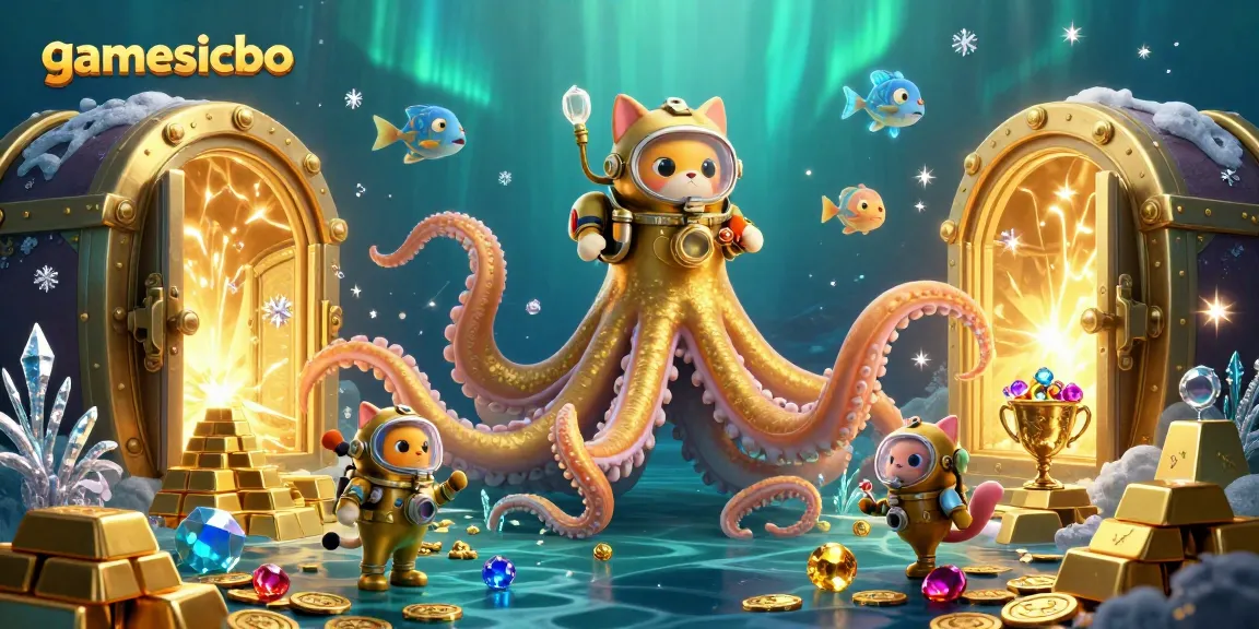 Experience gamesicbo with a dynamic underwater scene featuring a kraken, diving cat, and treasure.