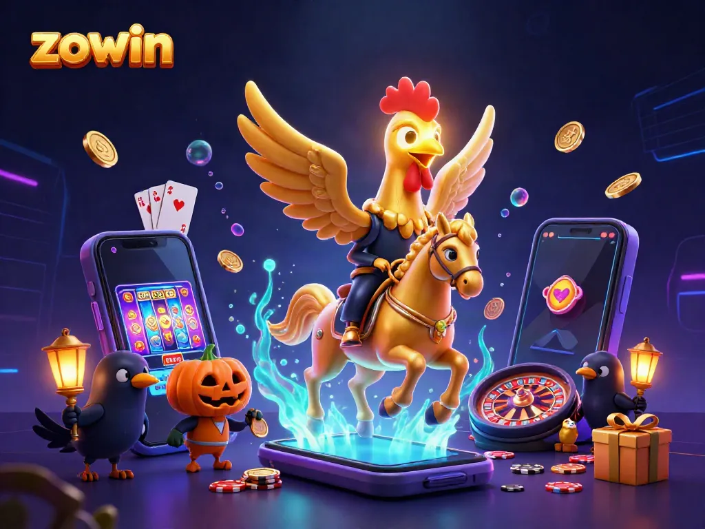 Experience thrilling adventures at ZOWIN casino with golden rooster and dynamic gaming elements.