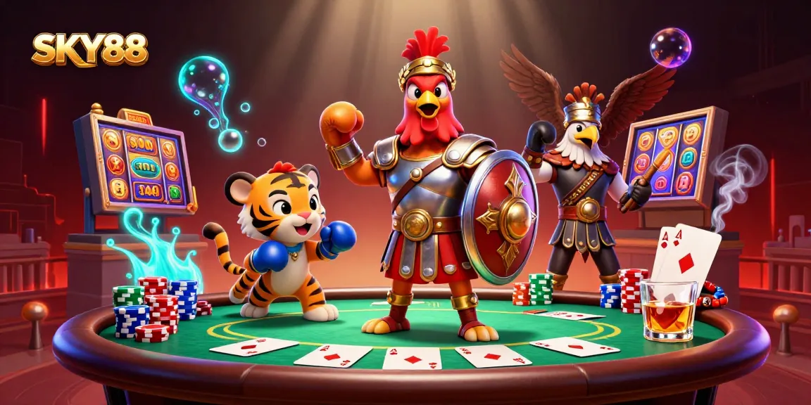 Engage with thrilling gameplay at SKY88, featuring a vibrant casino illustration of a rooster in armor and slot elements.
