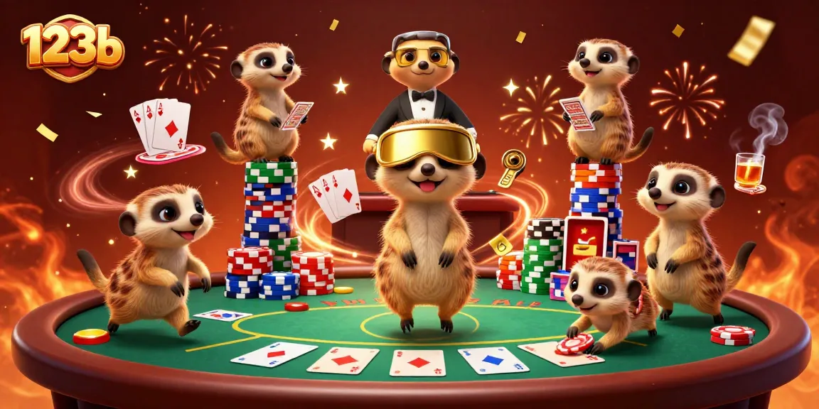 Fast-paced gaming action at 123b's vibrant casino featuring creative meerkat characters.