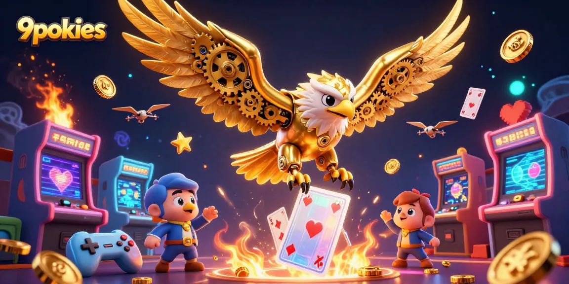 Experience thrilling gameplay with 9pokies as a cybernetic eagle dives through dynamic casino elements.