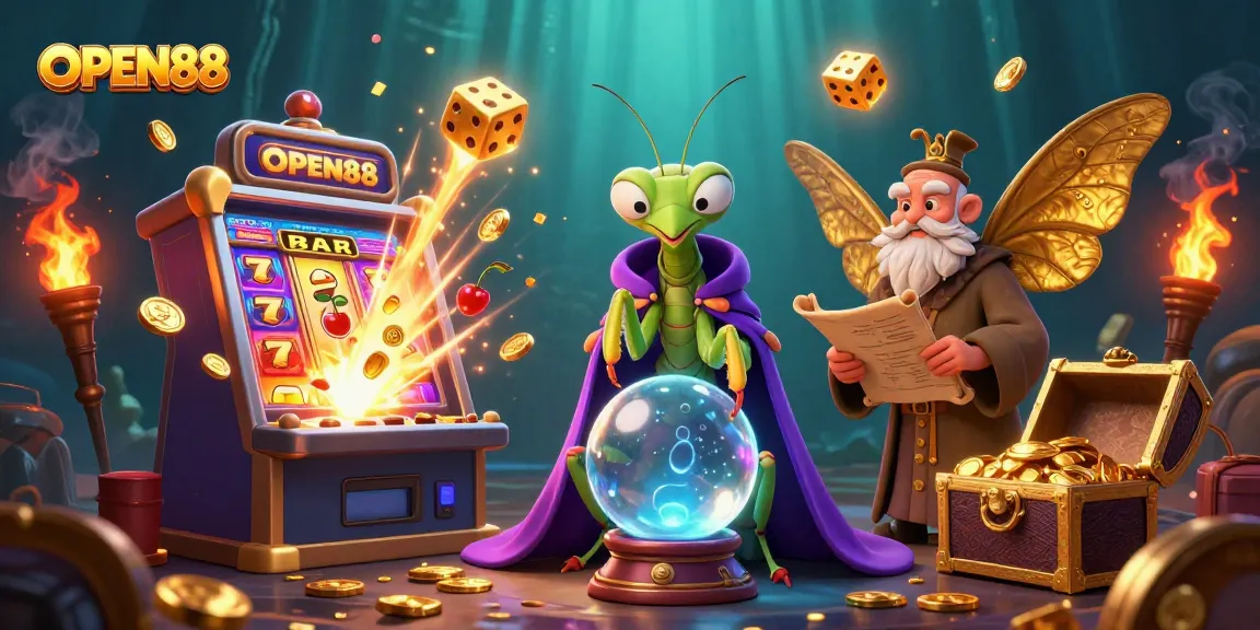 Engage with the dazzling OPEN88 gaming universe featuring a whimsical fortune teller and vibrant casino elements.