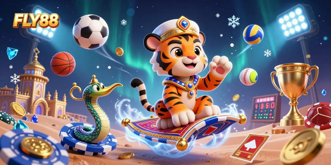 Engage with FLY88 in a vibrant online gaming scene featuring dynamic sports elements and a magical theme.