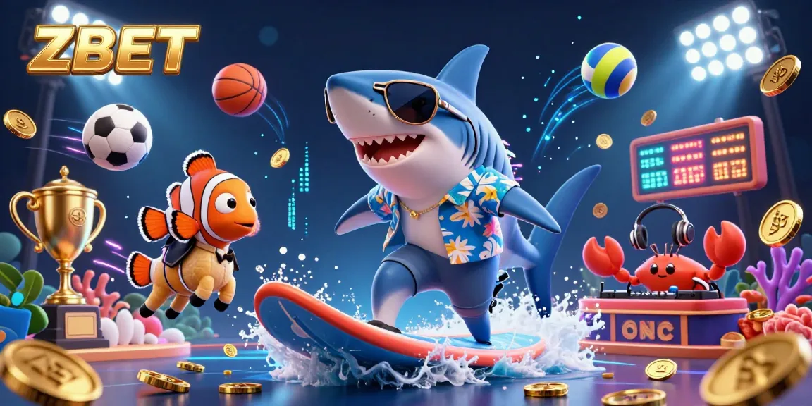 ZBET shows a thrilling online casino experience with a shark surfing gold coins, enhancing excitement for gamblers.