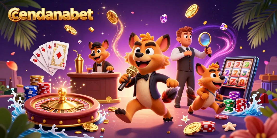 Cendanabet showcases playful hyenas in a vibrant casino scene, featuring rich gaming elements and a colorful backdrop.