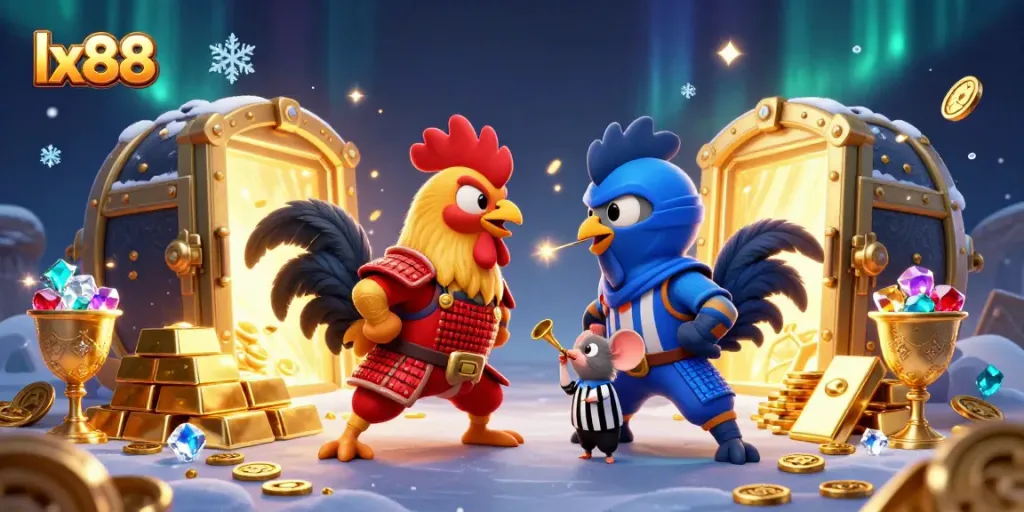Engage in thrilling battles with lx88's roosters in a vibrant 3D casino scene showcasing the excitement of gaming.
