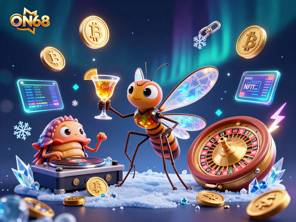 Engage in thrilling games at ON68 with a unique casino scene featuring vibrant characters and dynamic elements.
