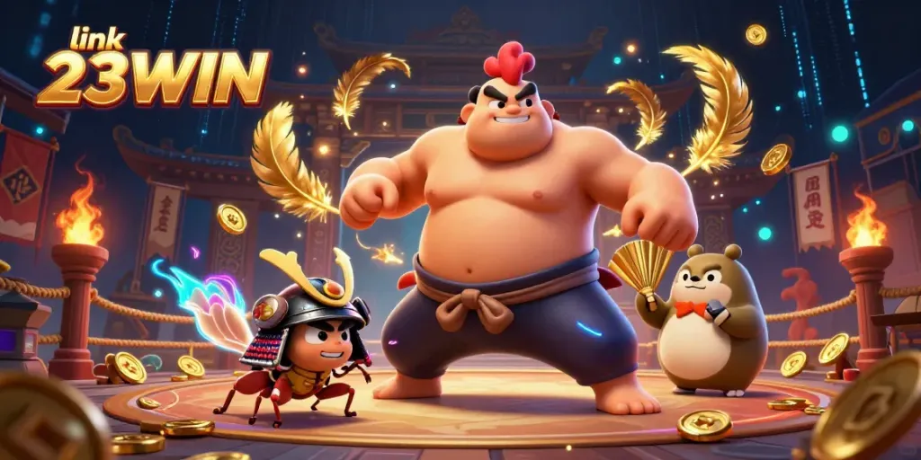 Experience the excitement of gaming at link 23WIN with dynamic 3D illustration showcasing a fierce sumo wrestler, cricket fighter, and tanuki announcer.