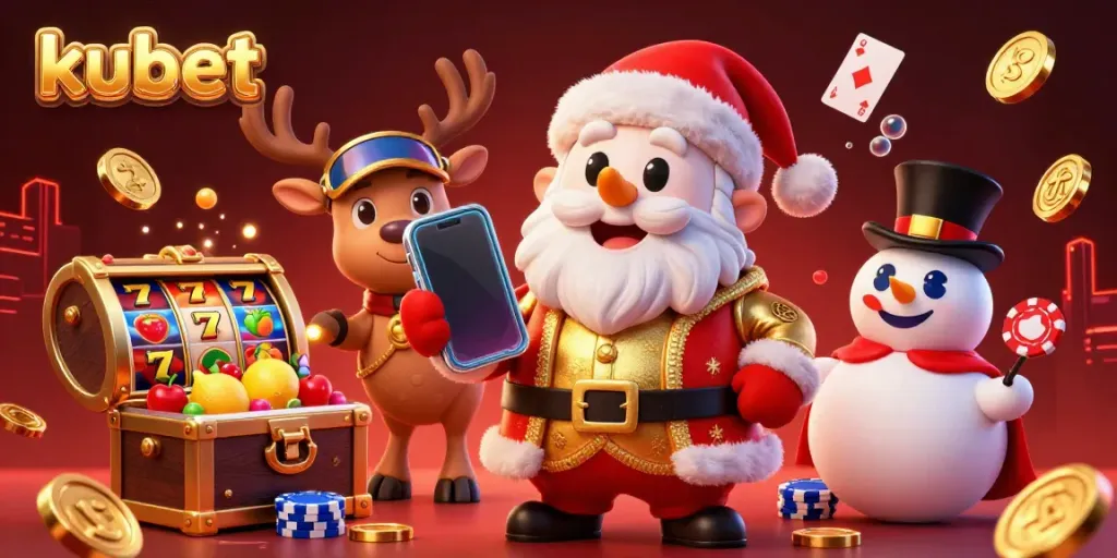 Experience kubet's thrilling jackpot slots with Santa Claus and festive characters in a vibrant casino scene.