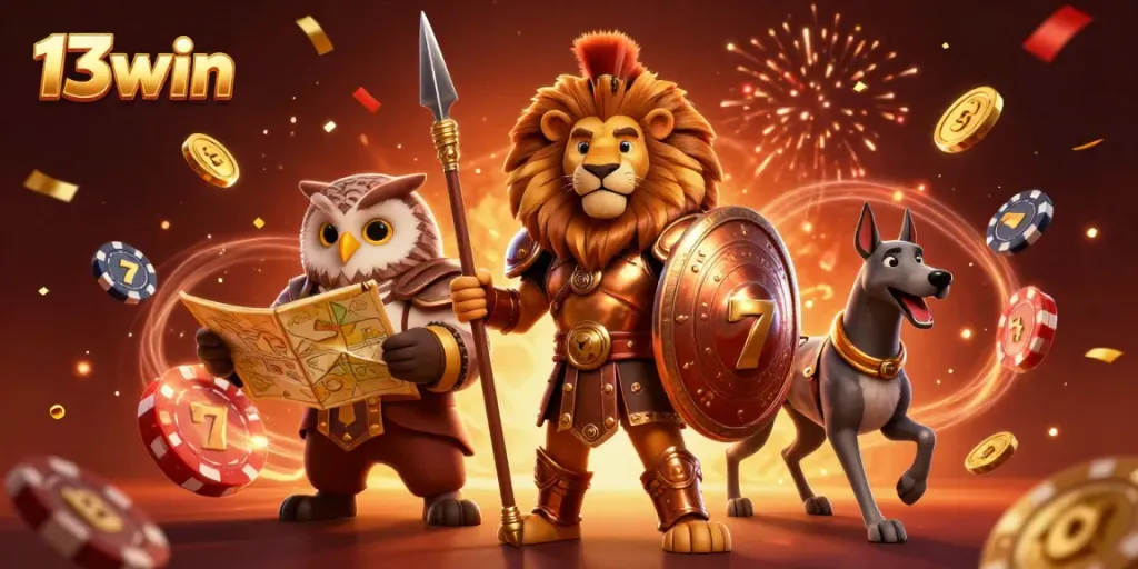 Engage with 13win and experience epic gaming adventures featuring a Spartan lion, owl strategist, and greyhound in a festive casino setting.