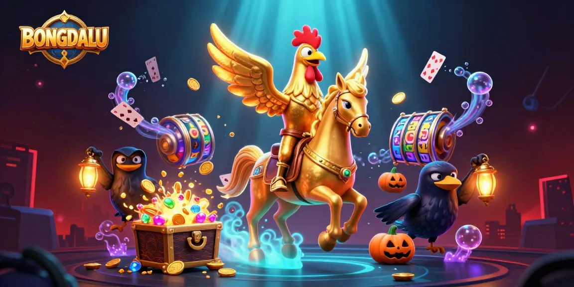 BONGDALU offers thrilling casino action with a golden rooster character amidst vibrant gaming elements.