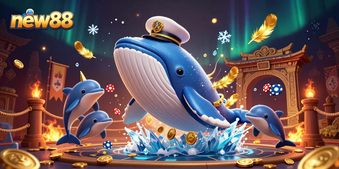 New88 features a captivating casino scene with a giant whale, narwhal, and dolphins showcasing dynamic gaming elements.