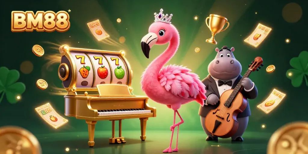 Engage in thrilling casino action with BM88, spotlighting a vibrant scene of a singing flamingo and hippo bassist surrounded by jackpot reels and golden trophies.
