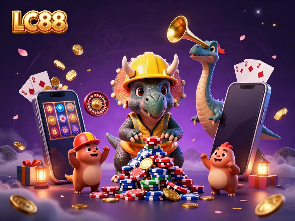 LC88-themed lively celebration scene with cartoon dinosaurs and gambling elements.