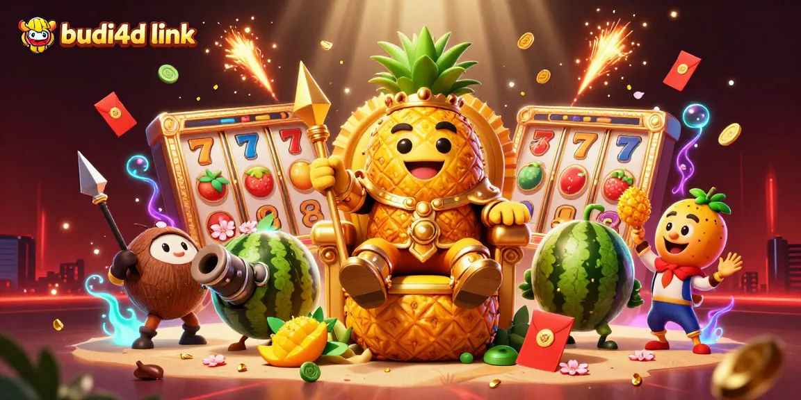 Spin the reels of fortune with the budi4d link, featuring dazzling casino elements in a vibrant 3D scene.