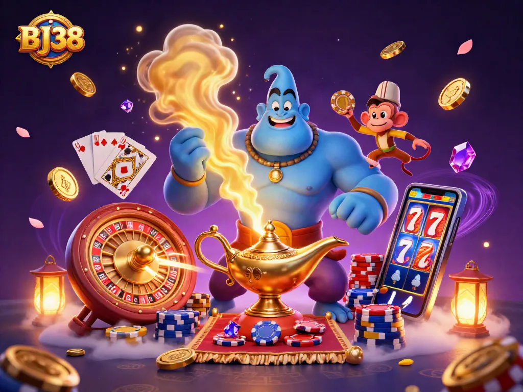Engage with energetic gaming action at BJ38 featuring 3D characters, vibrant casino elements, and dynamic visuals.