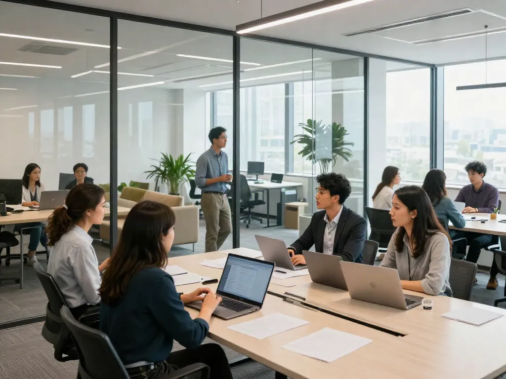 Modern office with glass partitions creating collaborative spaces for professionals to work effectively.