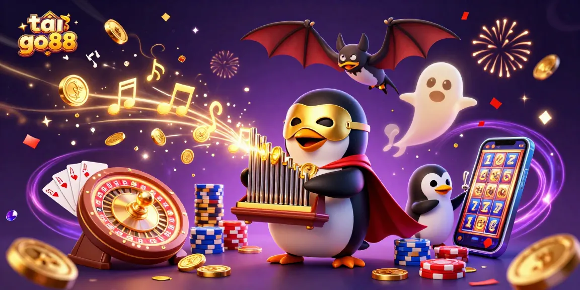Experience the excitement of tải go88 with a vibrant illustration showcasing casino elements, including golden coins and slot machines.