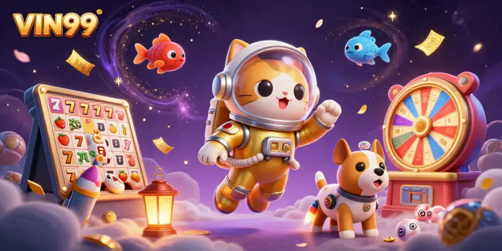 Experience winning fun with VIN99 in a vibrant 3D illustration of an astronaut cat surrounded by dynamic casino elements.