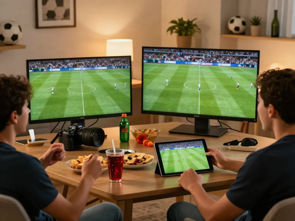 Xoilactv football fan enjoying a live match on a tablet in a cozy living room