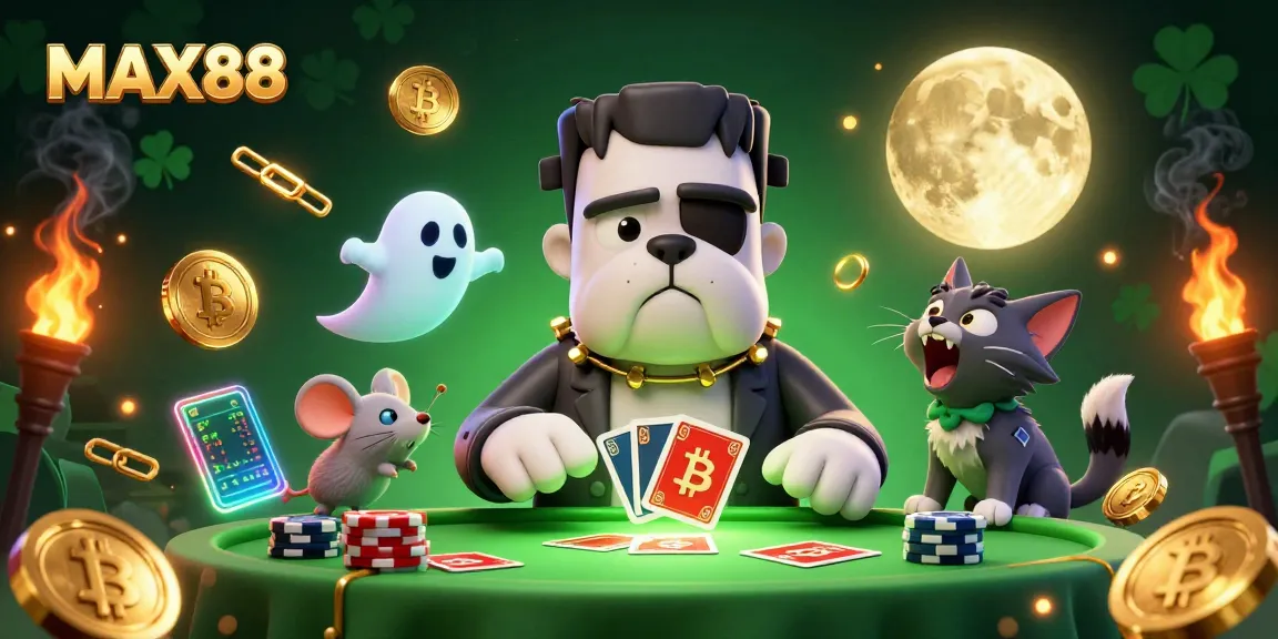 Experience captivating gaming at MAX88 with a haunting 3D casino scene featuring dynamic characters and crypto elements.