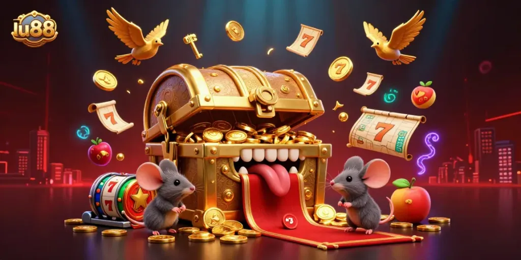 Experience the thrill of lu88 online gaming with vibrant slot reels and treasures in a rich 3D scene.