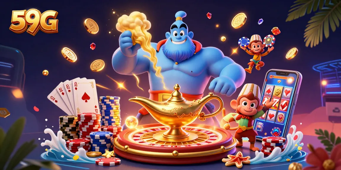 Win big with 59G's vibrant casino scene featuring a genie, monkey, and fantastic gaming elements.