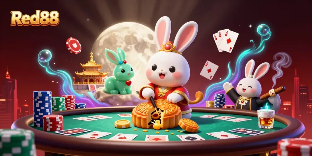 Red88 showcases a vibrant casino scene with moon rabbit characters amidst colorful poker elements and dramatic lighting.