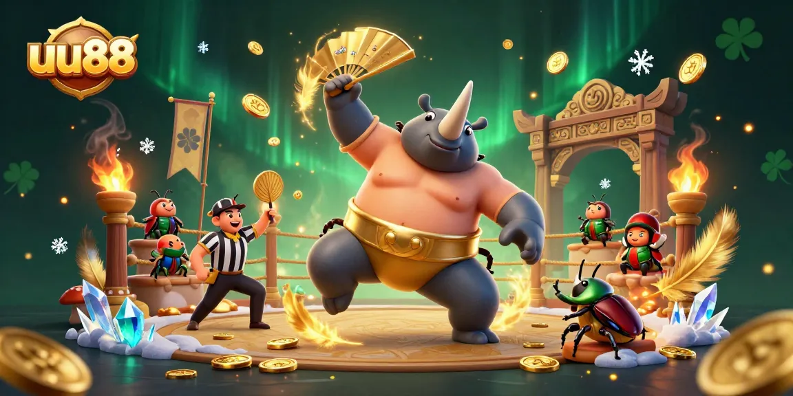 Experience exhilarating gameplay at uu88 with a 3D cartoon illustration featuring a sumo champion and dynamic casino elements.