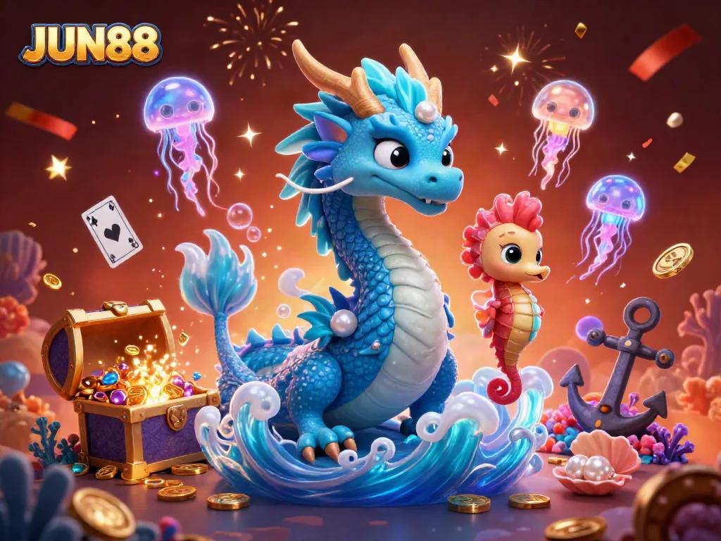 Experience the excitement of JUN88 with a majestic dragon and enchanting sea creatures in a vibrant casino setting.