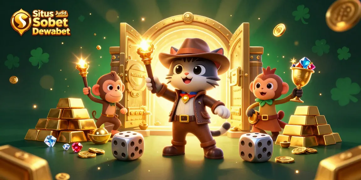Situs Judi Bola Sbobet Dewabet showcases an adventurous cat and a monkey finding treasures amidst casino artifacts, promising thrilling bets.