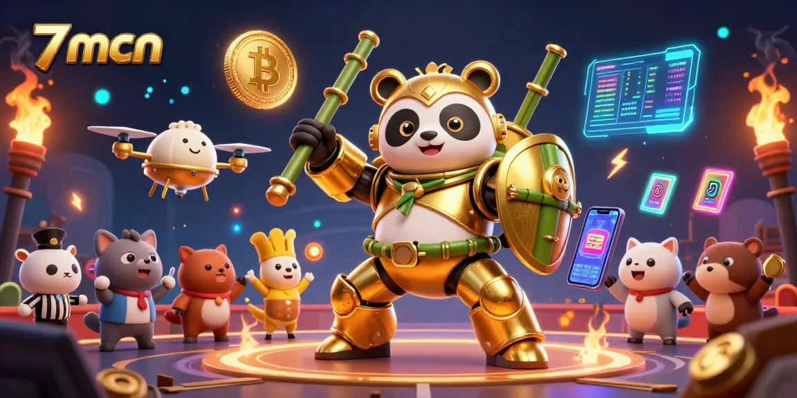 Engage with immersive 7mcn casino action featuring a mech-suit panda in a vibrant gaming arena.