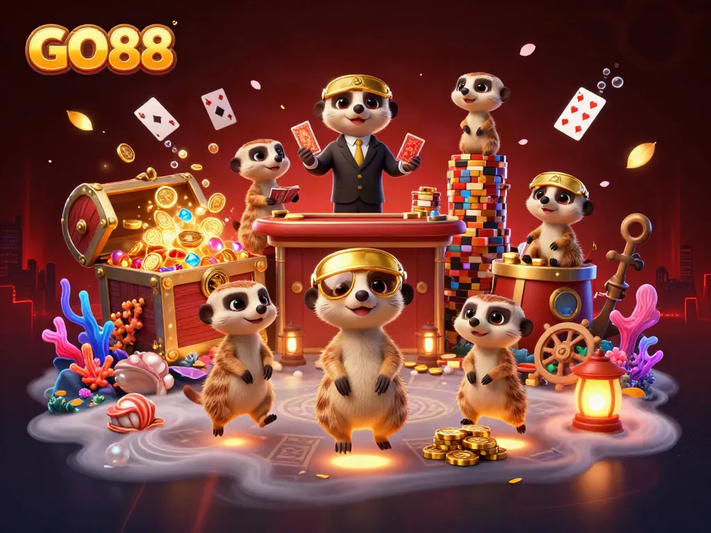 Experience thrilling gameplay with GO88 in a vibrant, cartoon casino scene featuring lively meerkat characters.
