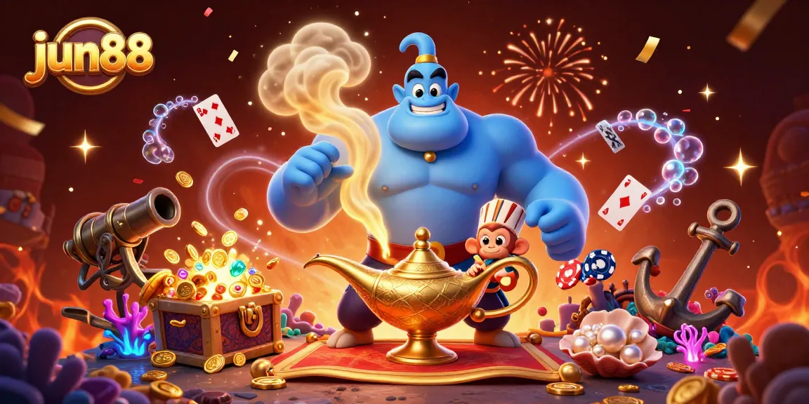 Join the excitement at jun88 as the blue genie grants winning wishes amidst a burst of casino treasures.