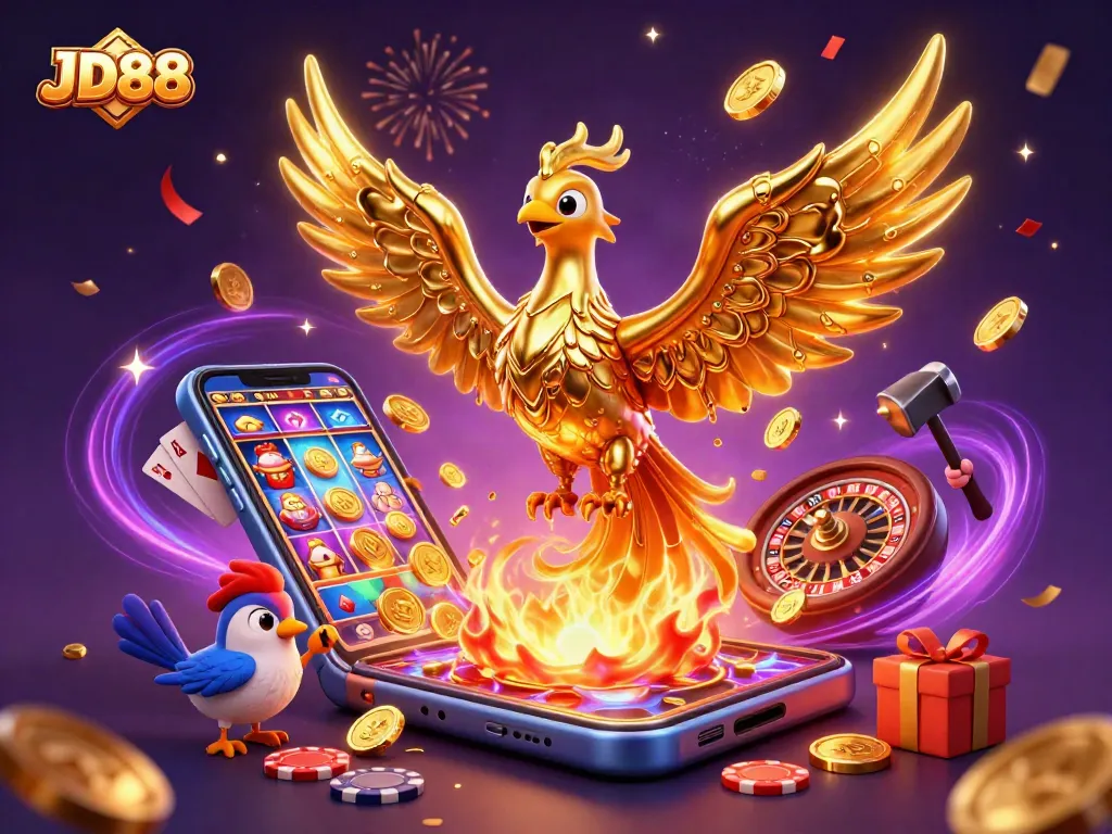 Engage in winning strategies at JD88 with golden phoenix emerging and casino elements.
