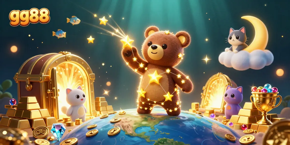 Engage with gg88's thrilling online casino scene featuring vibrant cartoon characters and treasures.