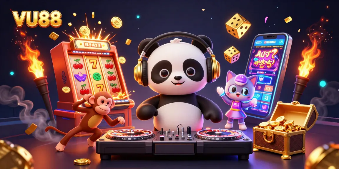 Experience thrilling gaming action with VU88's 3D casino party scene bursting with rewards and excitement.