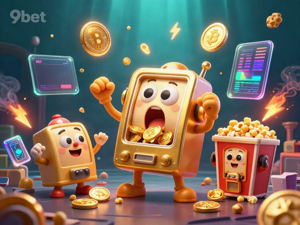 Experience winning excitement with the 9bet golden slot machine hitting a jackpot in a vibrant casino scene.
