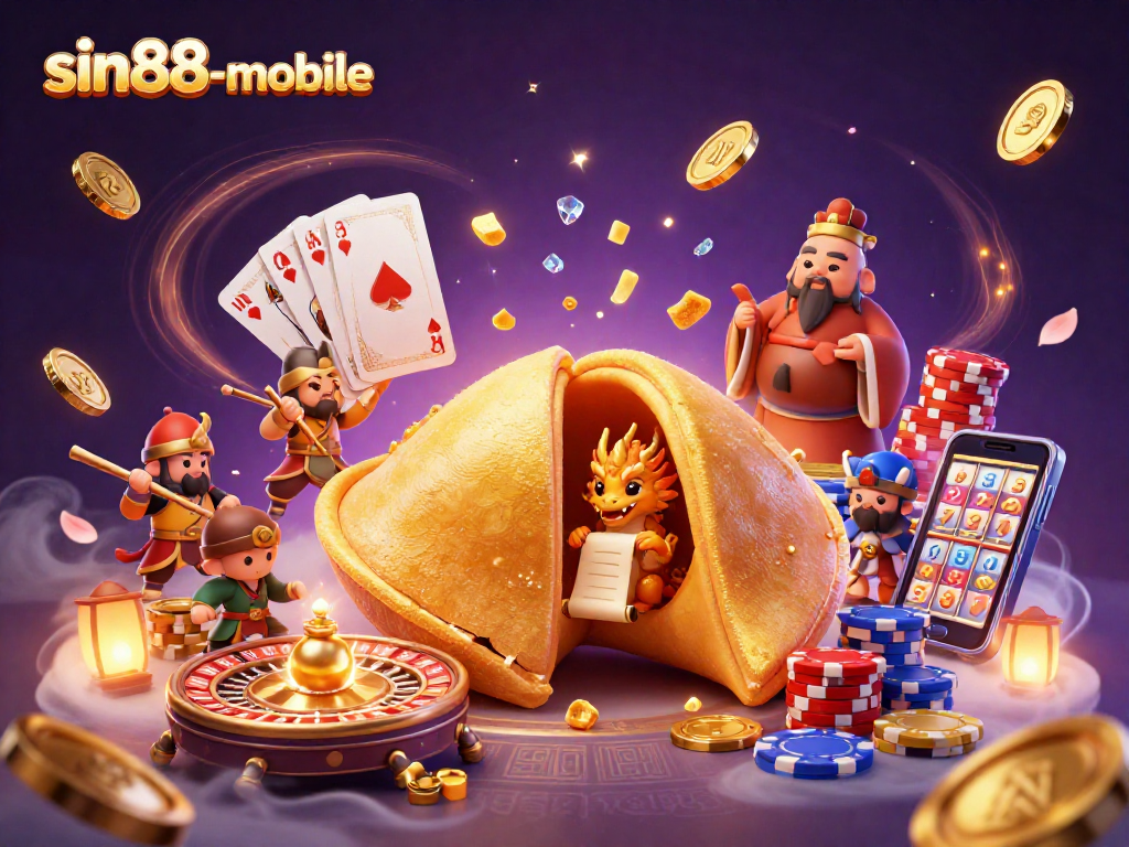 Engage with sin88-mobile's dynamic gameplay featuring a golden fortune cookie and casino elements.
