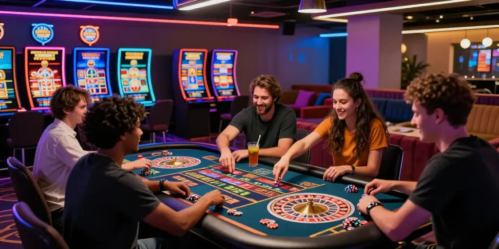 Friends enjoying vibrant games at us online casinos with colorful lights and excitement.