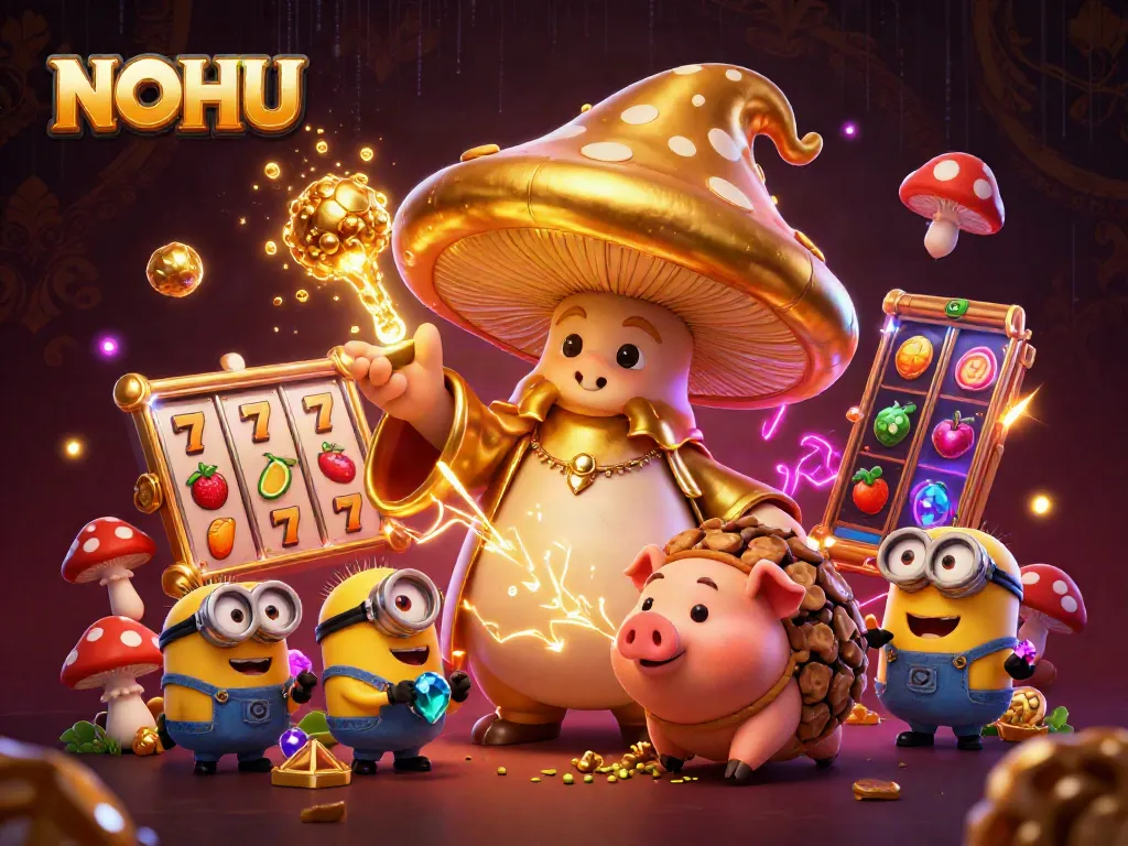 Experience the thrill at NOHU with a magical golden mushroom wizard and treasure-filled gaming elements.