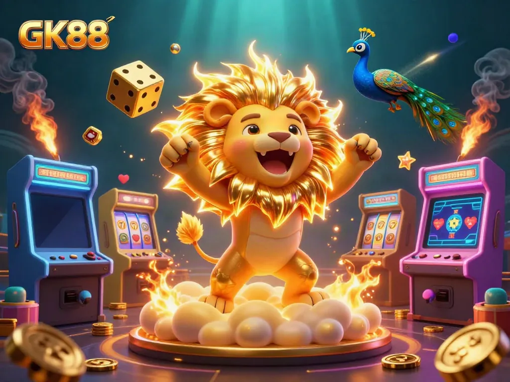 GK88's vibrant casino adventure featuring a roaring lion and golden dice amidst exciting gaming elements.