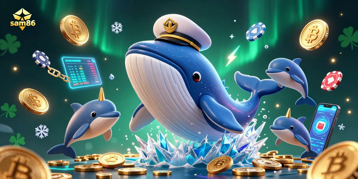 Engage in thrilling games at sam86, featuring a whale, narwhal, and dolphins playing with coins and poker chips.