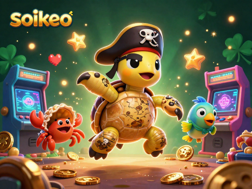 Engage with soikeo's vibrant gaming scene featuring a pirate turtle and dynamic treasures.