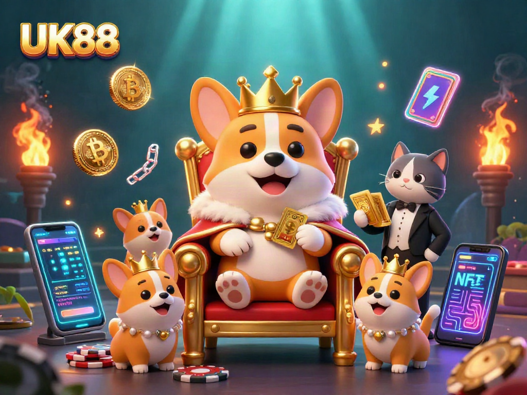 Engage with UK88's exciting gambling experience featuring a whimsical royal corgi and golden card deck.