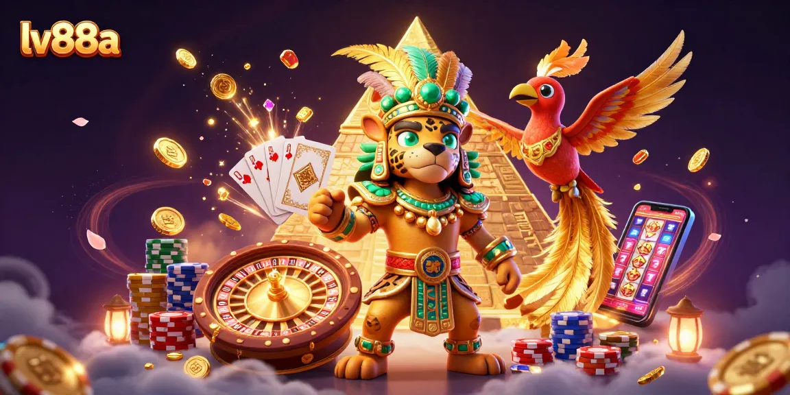 Experience excitement at lv88a with a vibrant illustration of casino games, characters, and dynamic elements.