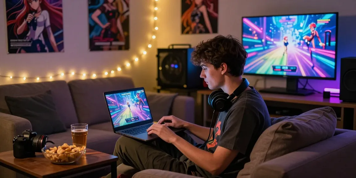 Enjoying a free hentai game in a cozy gaming setup with snacks and anime decor