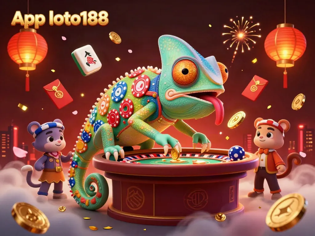 Experience excitement with App loto188, featuring a vibrant chameleon casino owner amidst dynamic gaming elements.