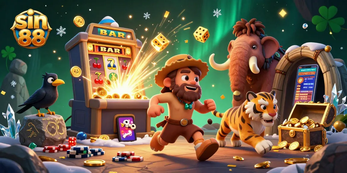 Experience the thrill of sin 88 with our lively prehistoric casino scene featuring cartoon characters and casino elements.